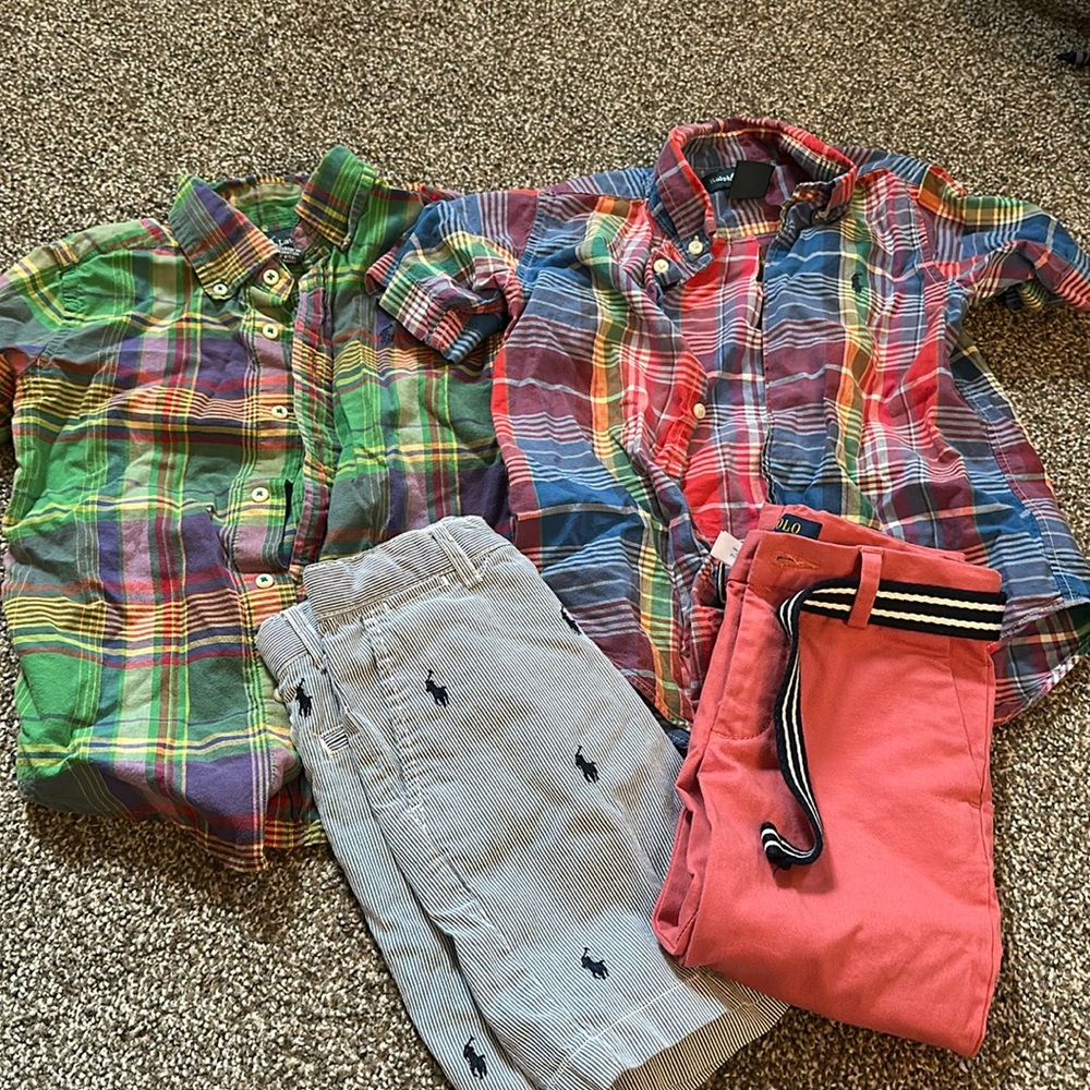 POLO BUNDLE- salmon pants, printed stripes shorts and 2 plaid button ups